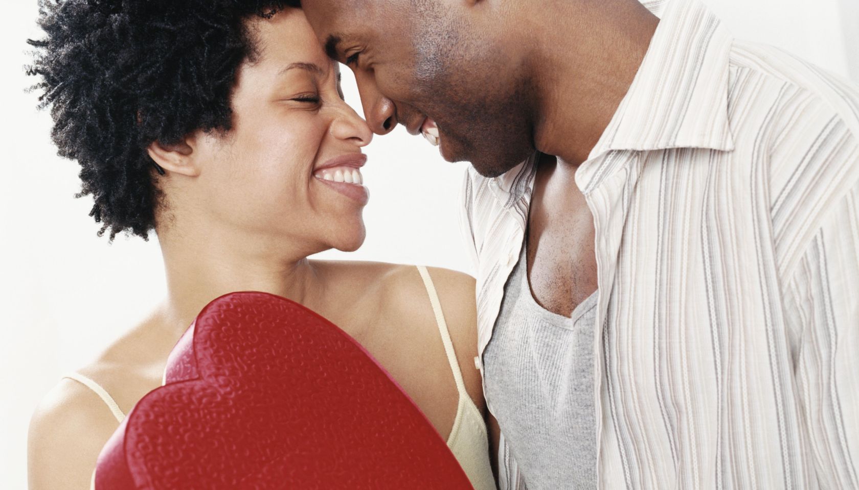 Couple Face to Face, Man Holding a Red Heart Shaped Box of Chocolates