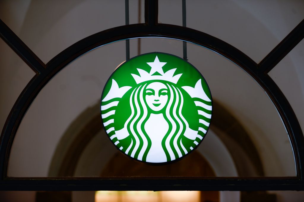 The Starbucks logo seen in Krakow. American chain Starbucks...