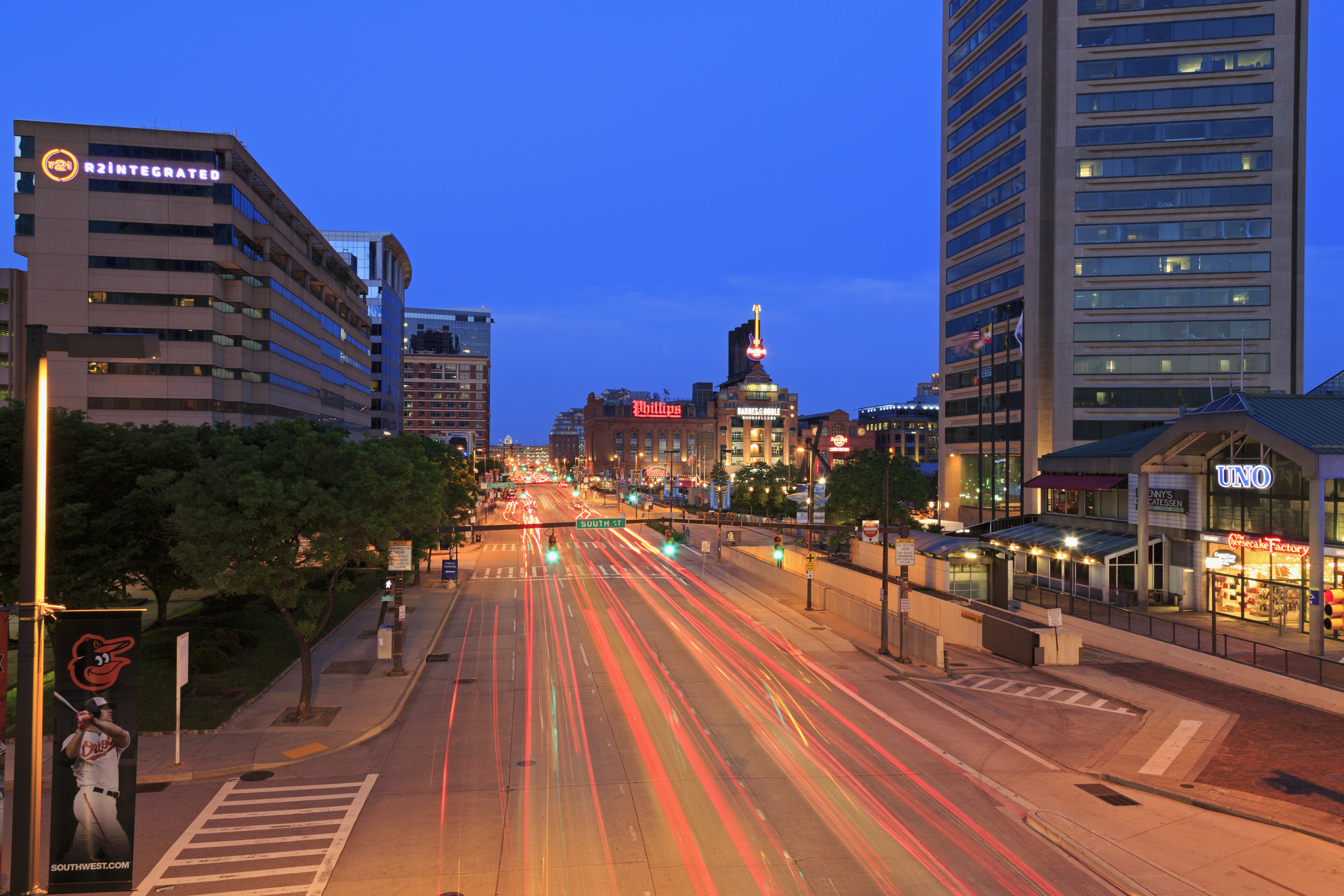 Pratt Street at night, Baltimore, Maryland