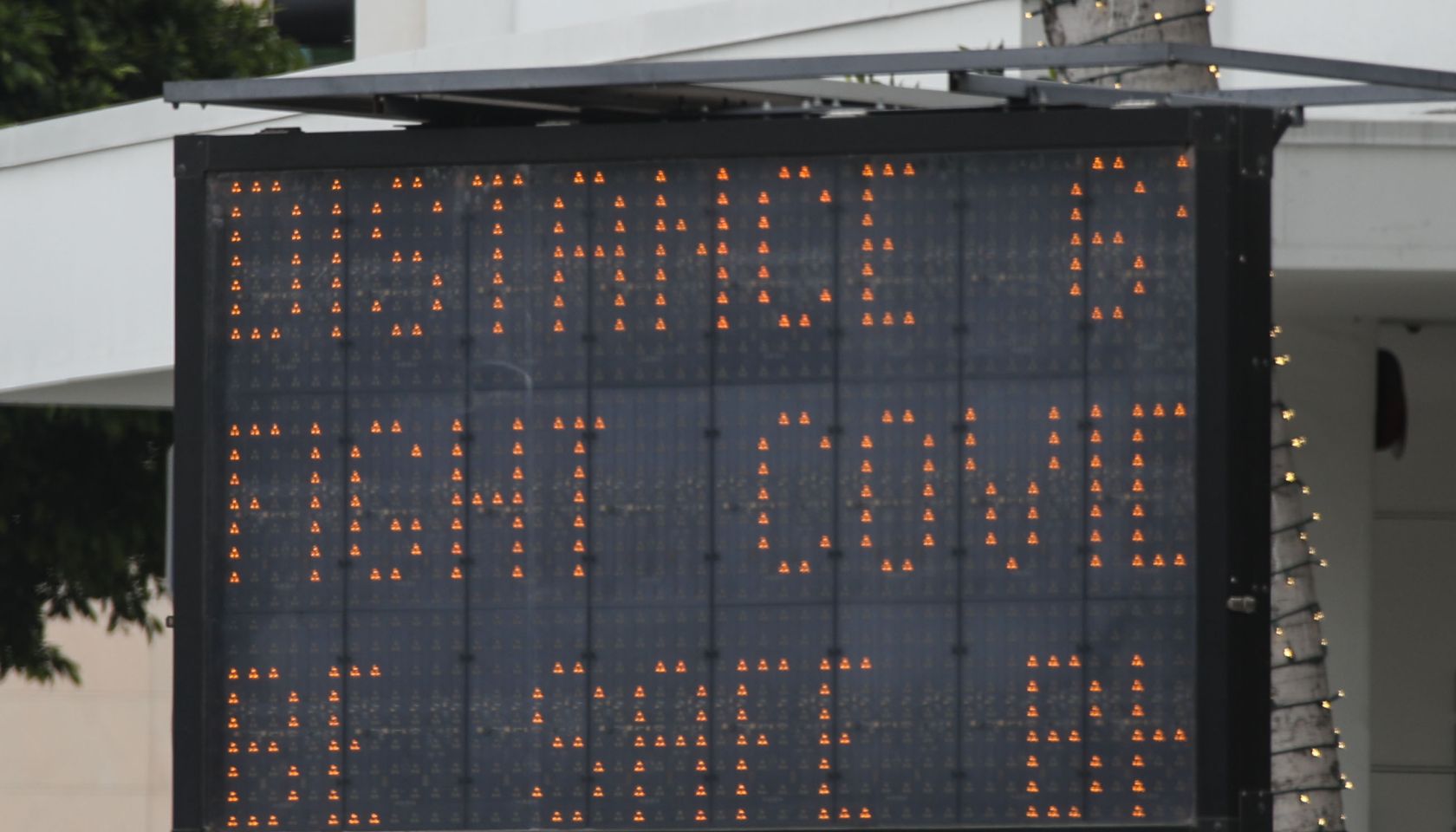 BEVERLY HILLS, LOS ANGELES, CALIFORNIA, USA - MARCH 31: A Caltrans Changeable Message Sign (CMS) war...