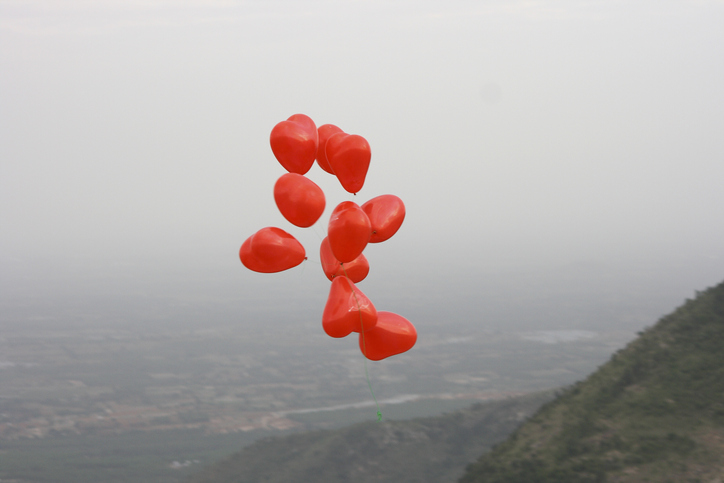 Heart shaped balloons flying in the sky, Mysore, Karnataka, India