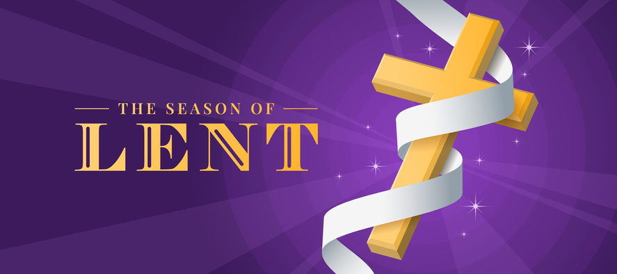 The season of Lent - Gold 3D cross crucifix with white cloth ribbon rolling around on purple light background vector design