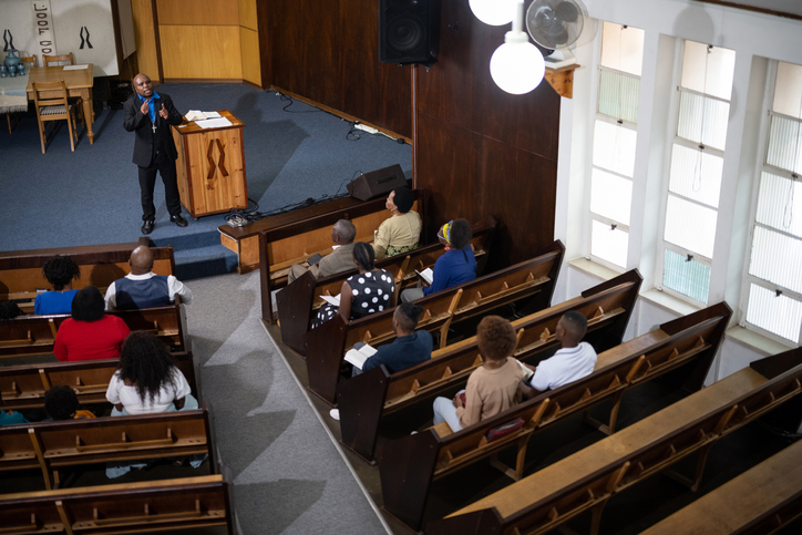 Wide view from above church service