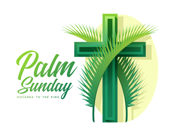 Palm sunday, hosanna tothe king - Two green palm leave cross green cross crucifix sign on oval background vector design