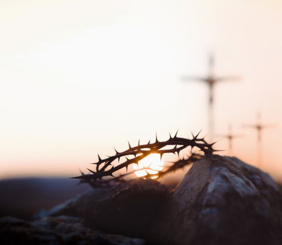 Calvary, Golgotha Hill, Jesus Christ's cross and crown of thorns, Jesus' passion and great trials during Passion Week, Lent and Easter background