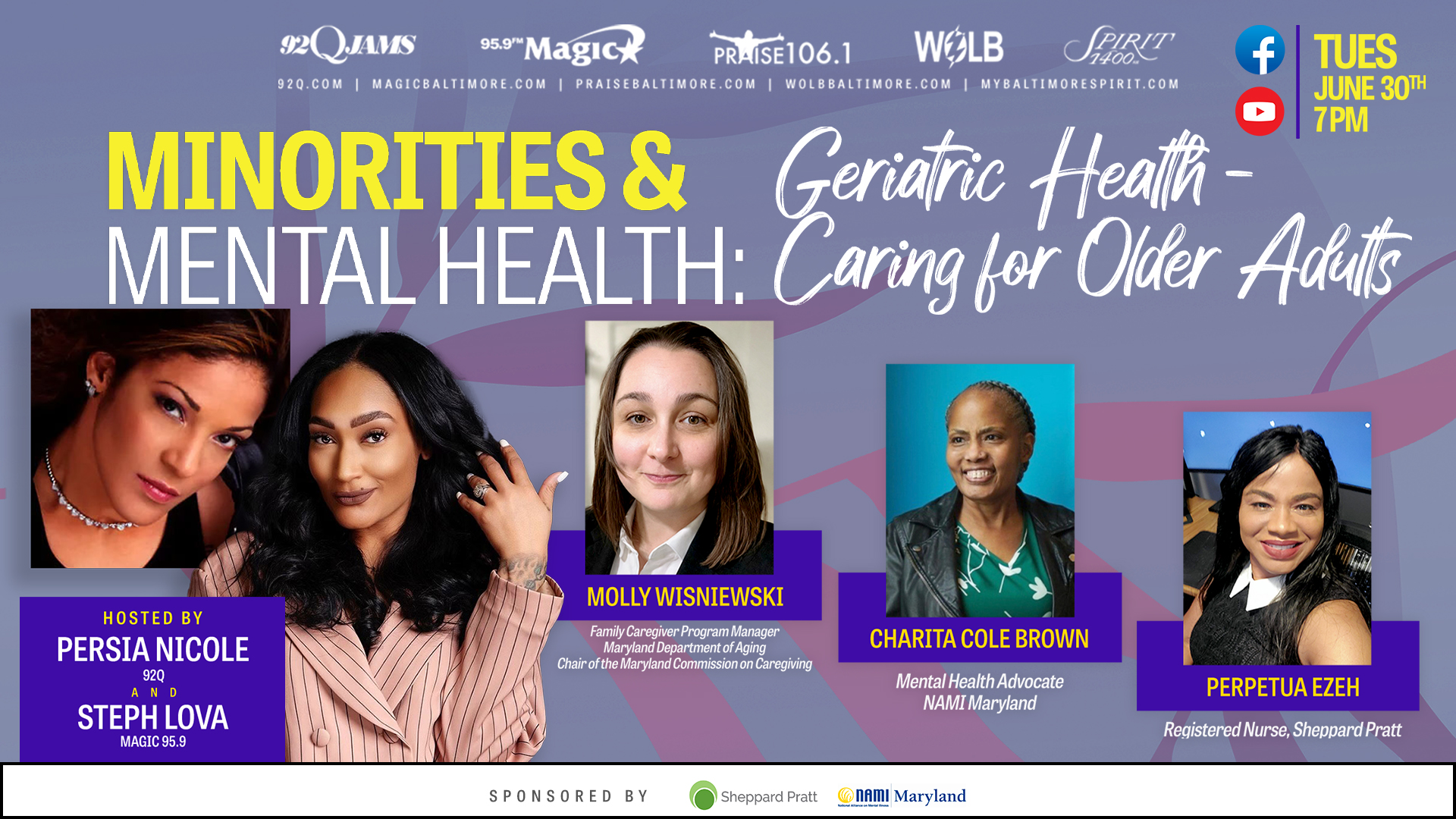 Promotional image for a panel discussion on "Minorities & Mental Health: Geriatric Health - Caring for Older Adults" featuring Molly Wisniewski, Charita Cole Brown, and Perpetua Ezeh.