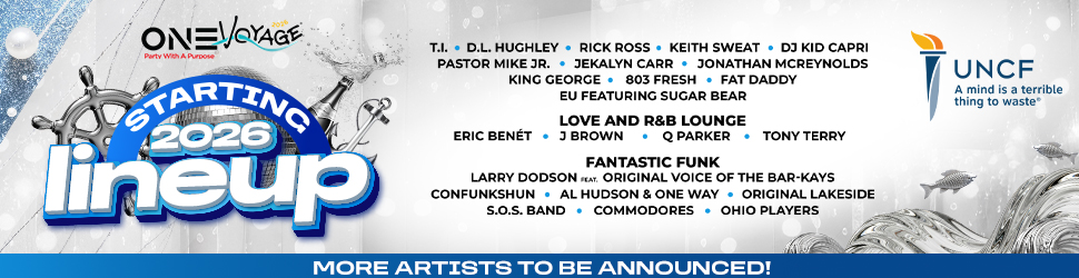 One Voyage music festival poster with lineup of artists performing in 2026 including T.I., D.L. Hughley, Rick Ross, Keith Sweat, DJ Kid Capri, and more.