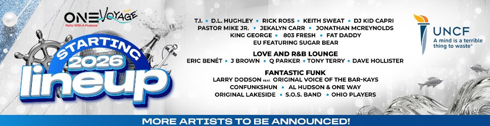One Voyage music festival lineup poster featuring artists like T.I., D.L. Hughley, Rick Ross, Keith Sweat, and DJ Kid Capri, starting in 2026.