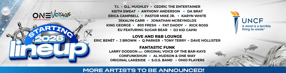 Promotional banner for "One Voyage" music festival, featuring a lineup of musical artists and the UNCF logo.